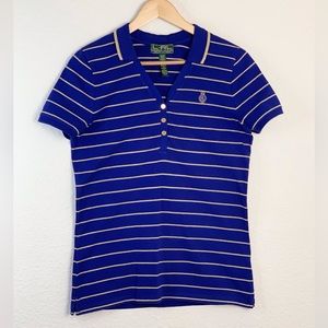 LRL Ralph Lauren Active Blue Metallic Gold Striped Polo Shirt Sz M